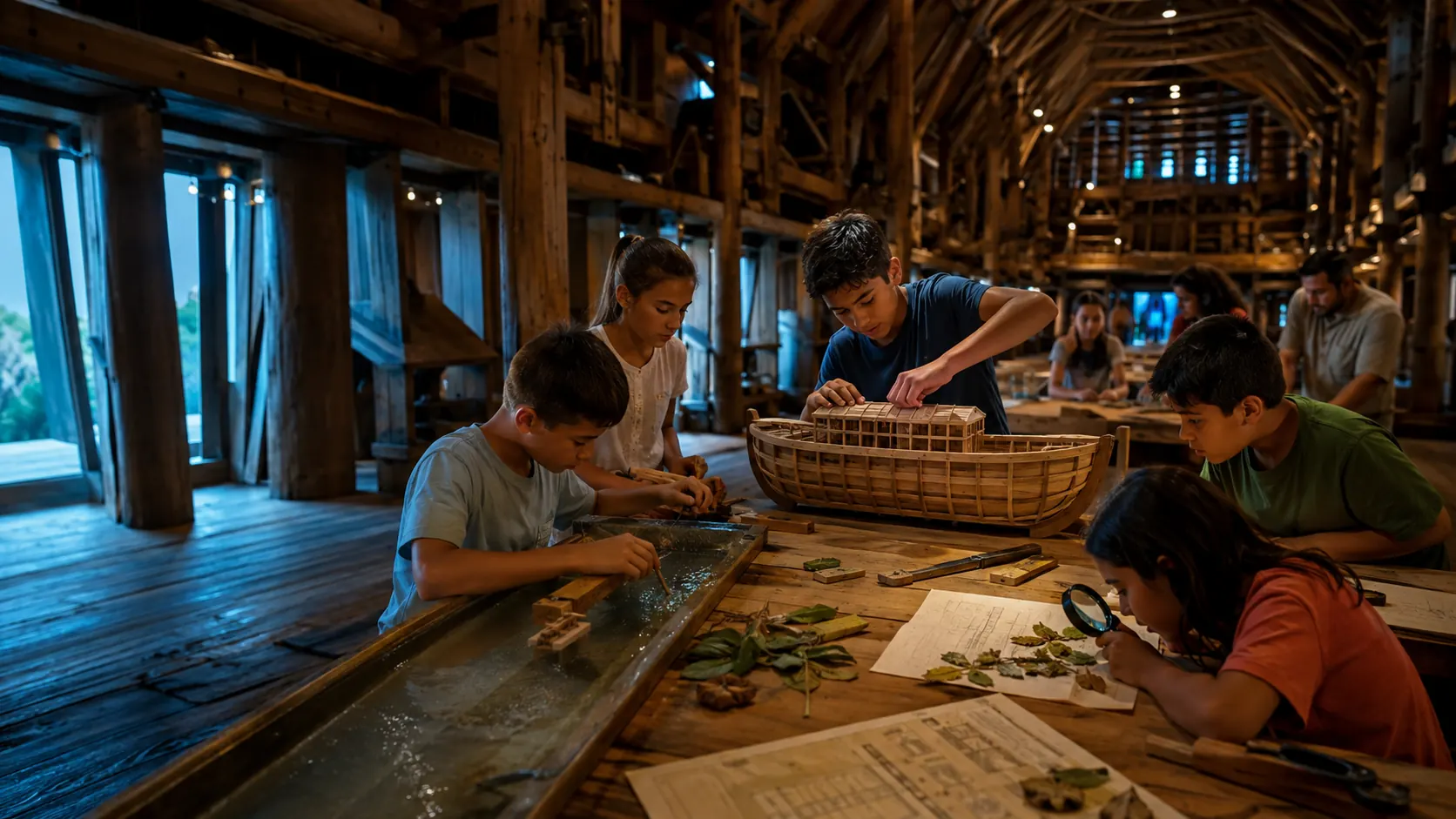 Imagen conceptual de niños explorando, construyendo una maqueta y observando elementos naturales en un taller de madera