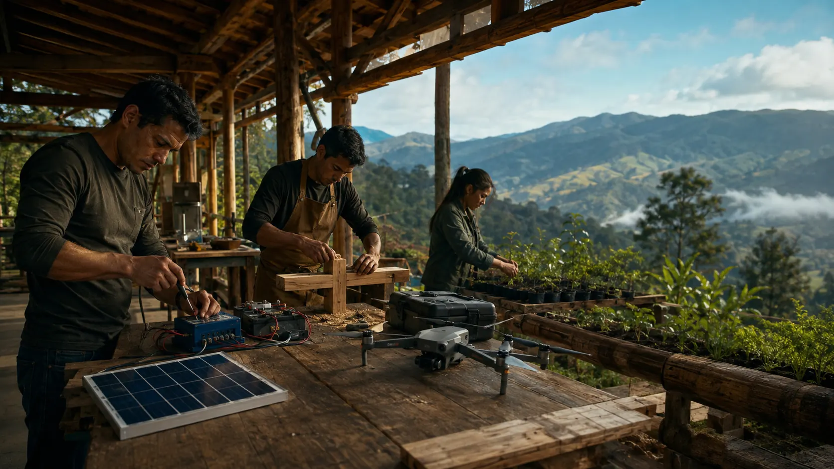 Imagen conceptual de un taller de campo donde se trabaja con electricidad, carpintería, cultivos, energía solar y un dron
