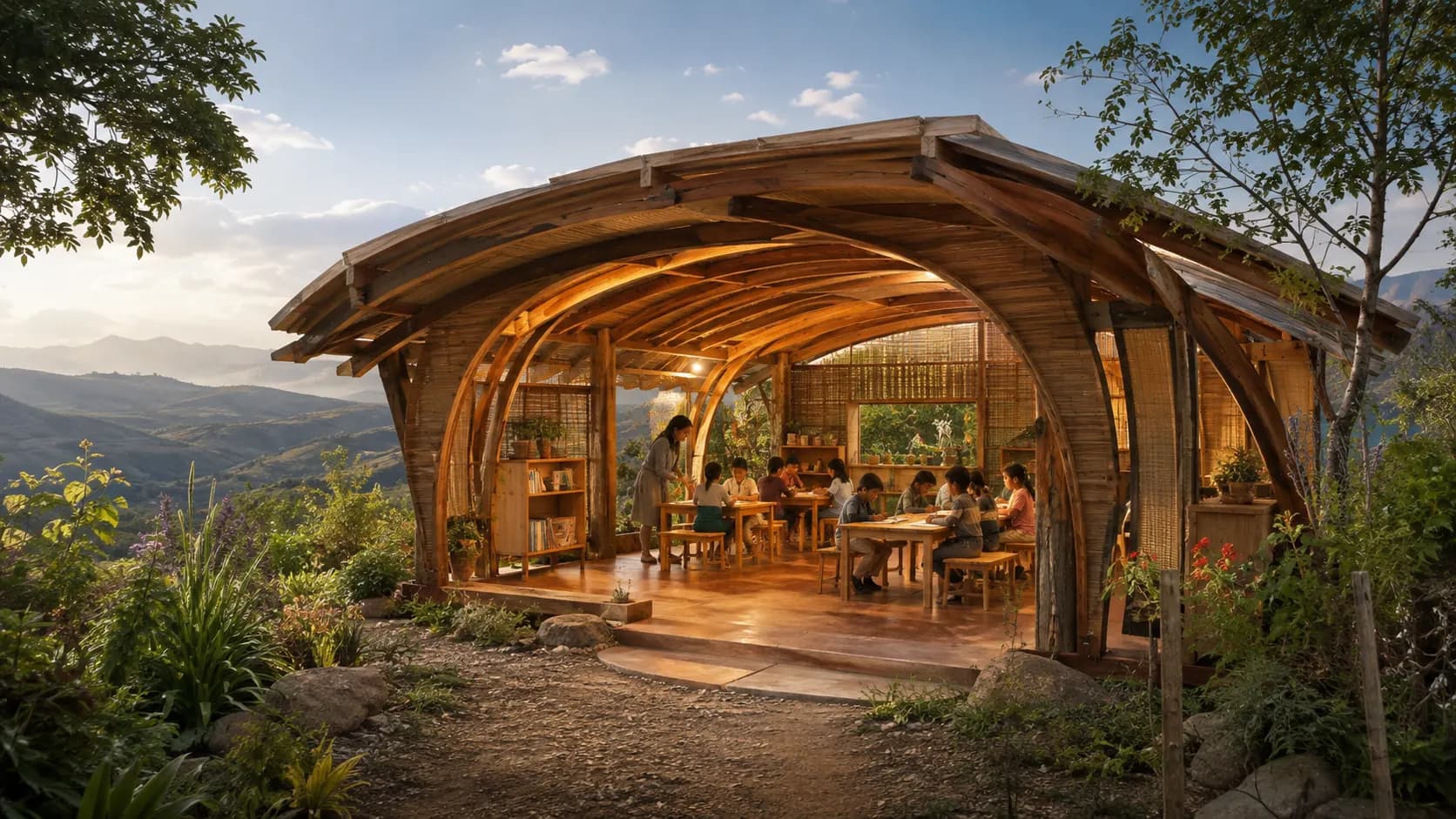 Imagen conceptual de una estructura abierta de madera que abraza un espacio de aprendizaje entre montañas